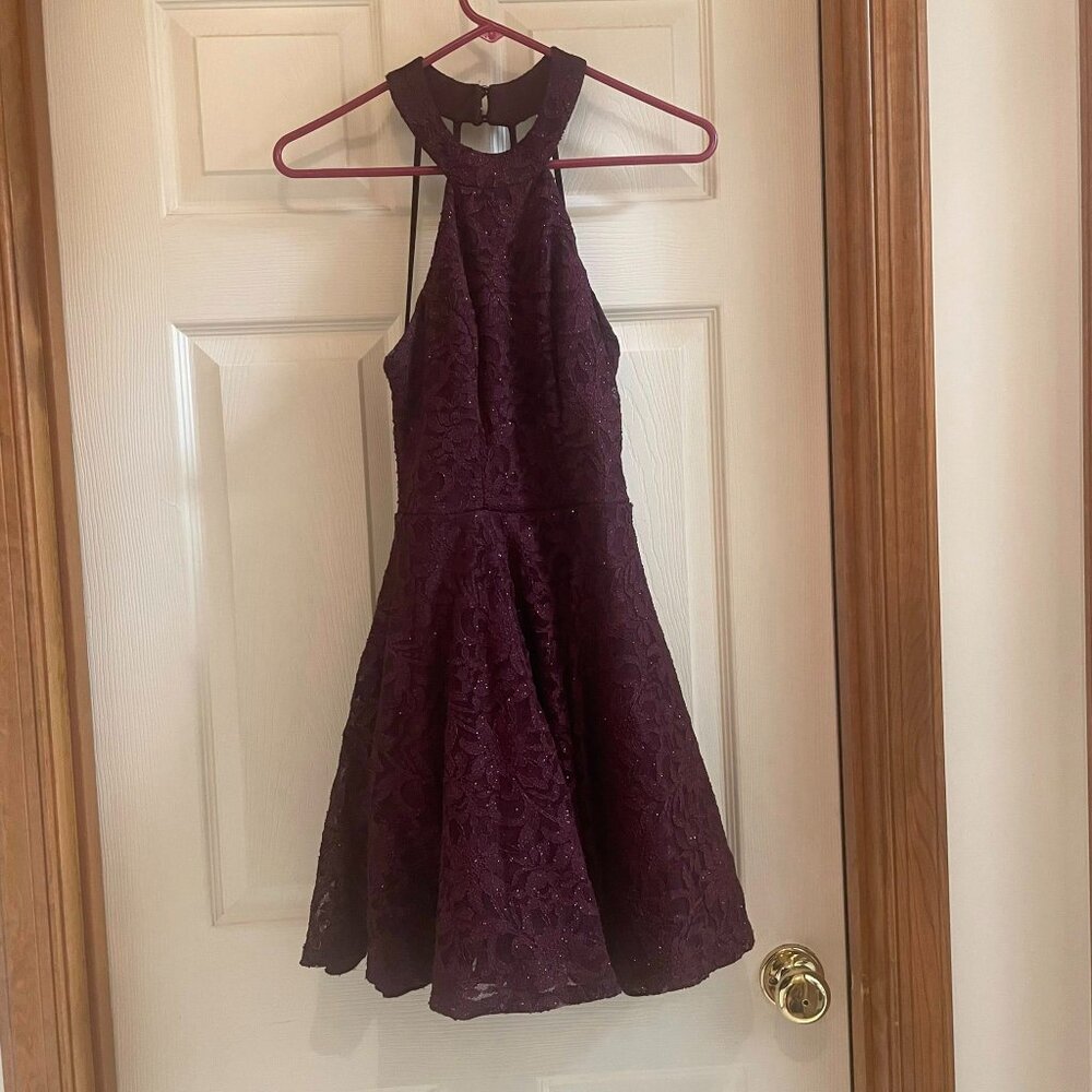Vintage Y2K Burgundy Sparkle Layered Party Halter Dress w/ Black Tulle Ruffle